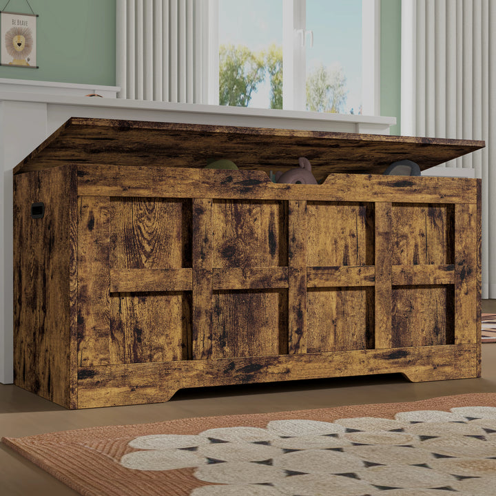 [Rustic] Front-angled rustic toy storage box, grain visible across grid panels, lid raised at rear
