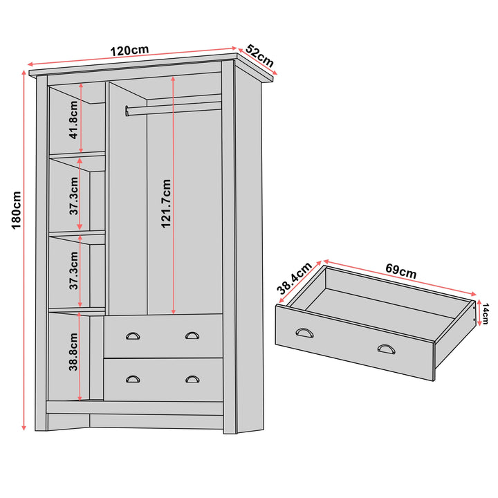[Blue] Shaker triple wardrobe dimensions diagram: 120 cm wide, 52 cm deep, 180 cm tall with internal measurements.