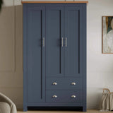 [Blue] Straight-on Shaker triple wardrobe in navy blue with oak top, panelled doors and two matching drawers.