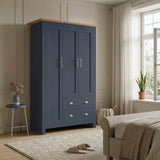 [Blue] Shaker Triple Wardrobe With Drawers And Shelves closed showing three doors and a natural oak wood top.