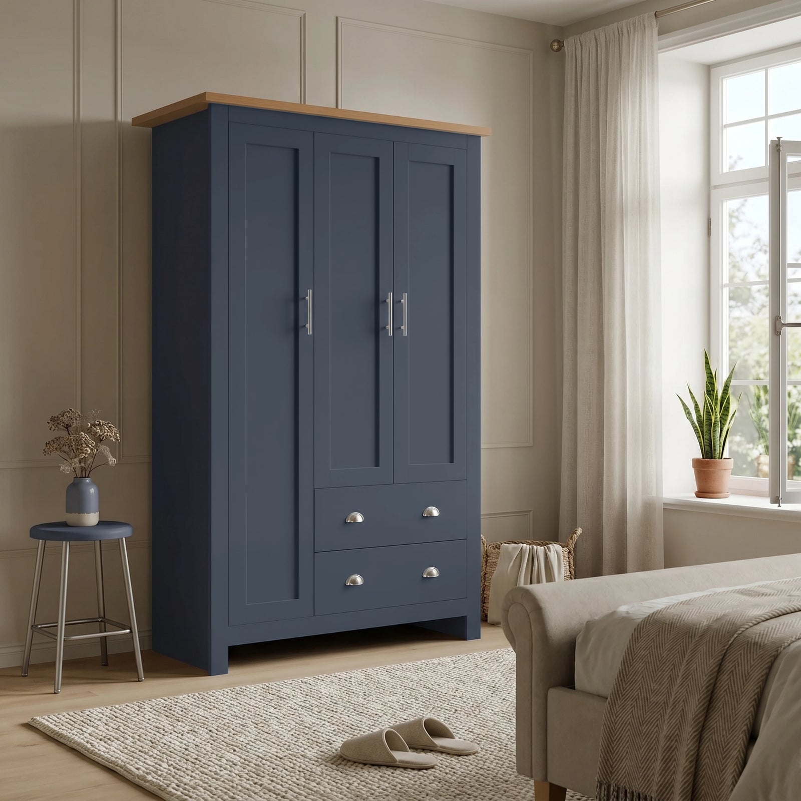 [Blue] Shaker Triple Wardrobe With Drawers And Shelves closed showing three doors and a natural oak wood top.