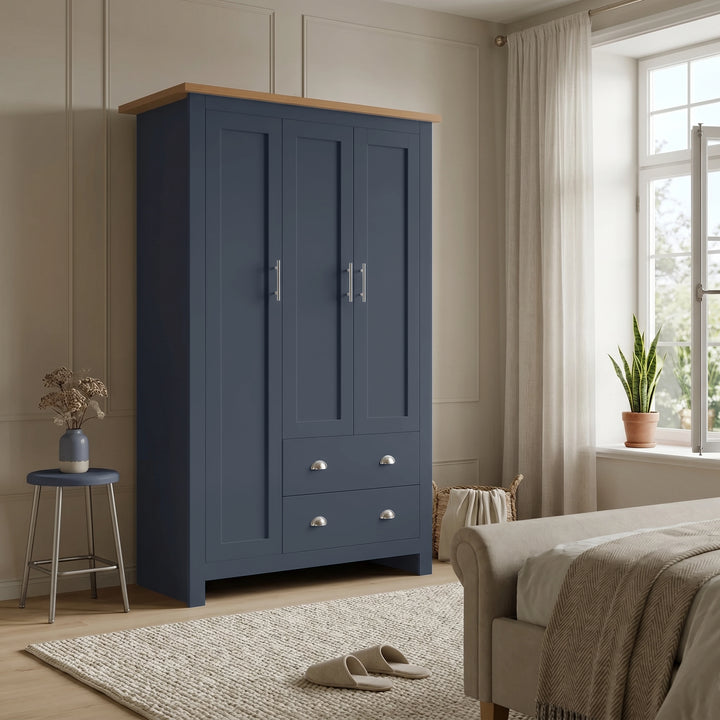 [Blue] Shaker Triple Wardrobe With Drawers And Shelves closed showing three doors and a natural oak wood top.