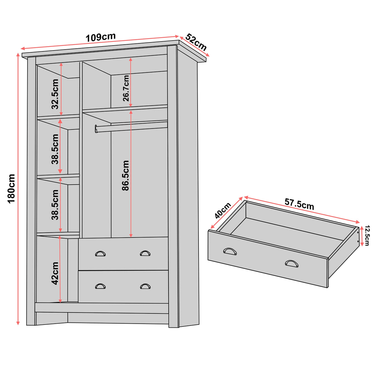 [Grey] Shaker triple wardrobe dimension diagram: 109 cm wide, 52 cm deep, 180 cm tall with drawer detail.