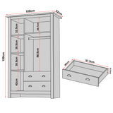[Grey] Shaker triple wardrobe dimension diagram: 109 cm wide, 52 cm deep, 180 cm tall with drawer detail.