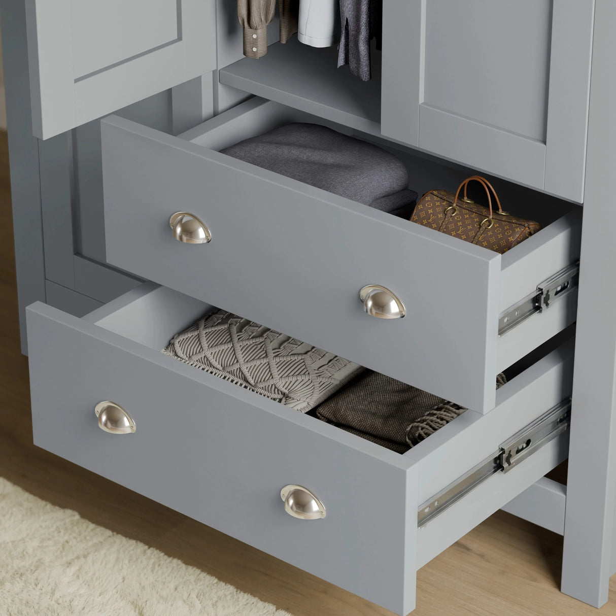 [Grey] Both drawers of grey Shaker 3 door wardrobe open, metal runners visible, cup handles on fronts.