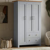 [Grey] Grey Shaker 3 door wardrobe angled view, oak top, 3 T-bar doors, 2 cup-handle drawers, 180 cm high.