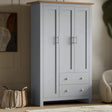 [Grey] Grey Shaker 3 door wardrobe angled view, oak top, 3 T-bar doors, 2 cup-handle drawers, 180 cm high.