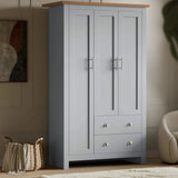 [Grey] Grey Shaker 3 door wardrobe angled view, oak top, 3 T-bar doors, 2 cup-handle drawers, 180 cm high.