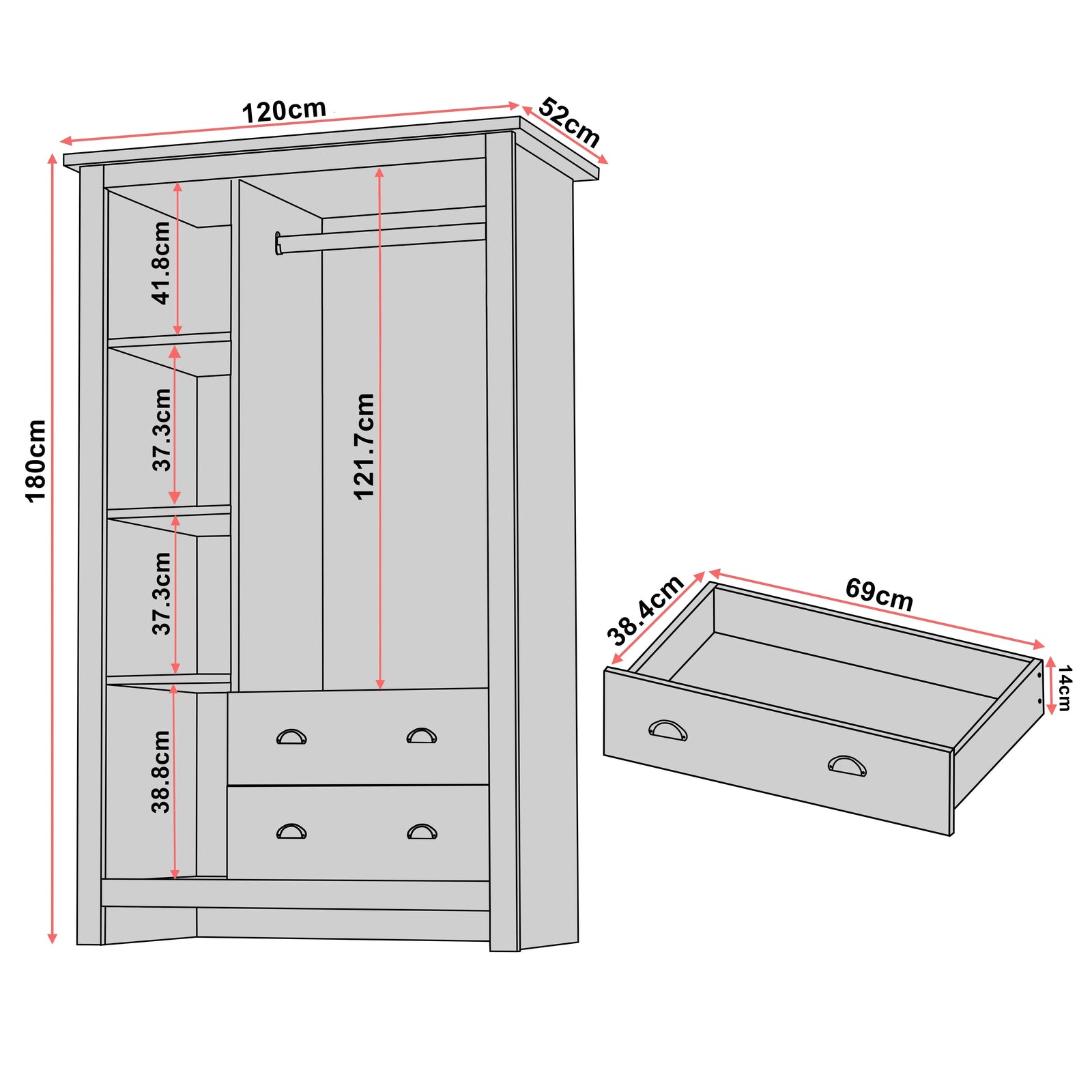 [Grey] Shaker triple wardrobe dimension diagram: 109 cm wide, 55 cm deep, 180 cm tall, drawer 57.5 x 40 cm