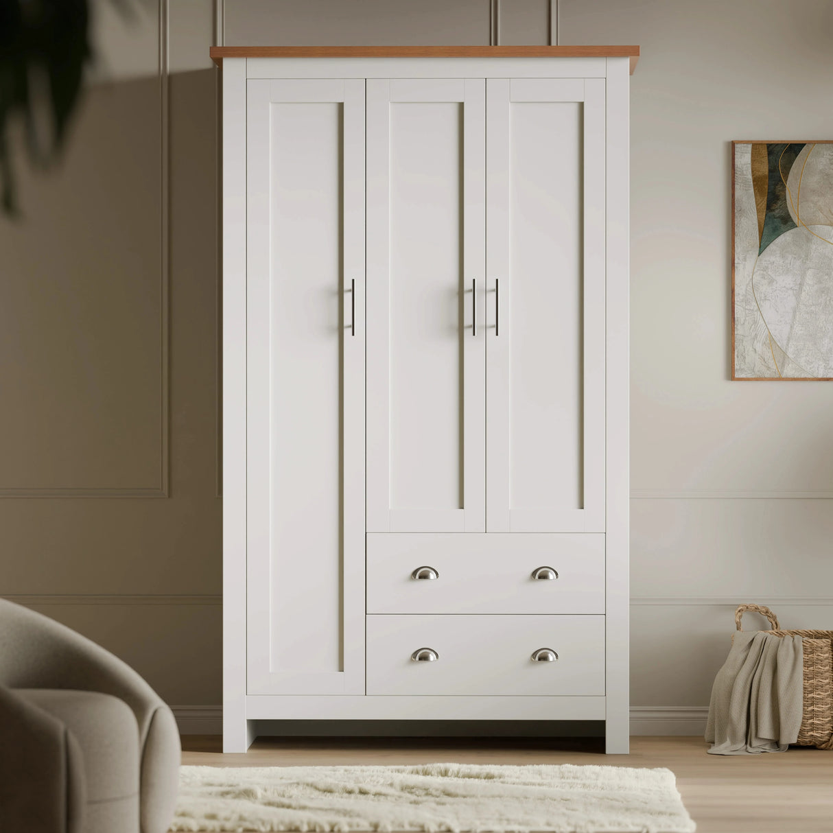 [White] Shaker triple wardrobe front elevation, white with oak top, three doors closed above two drawers