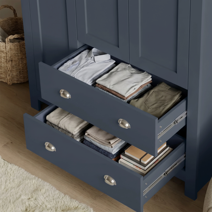 [Blue] Shaker Triple Wardrobe With Drawers And Shelves with two bottom drawers pulled open displaying