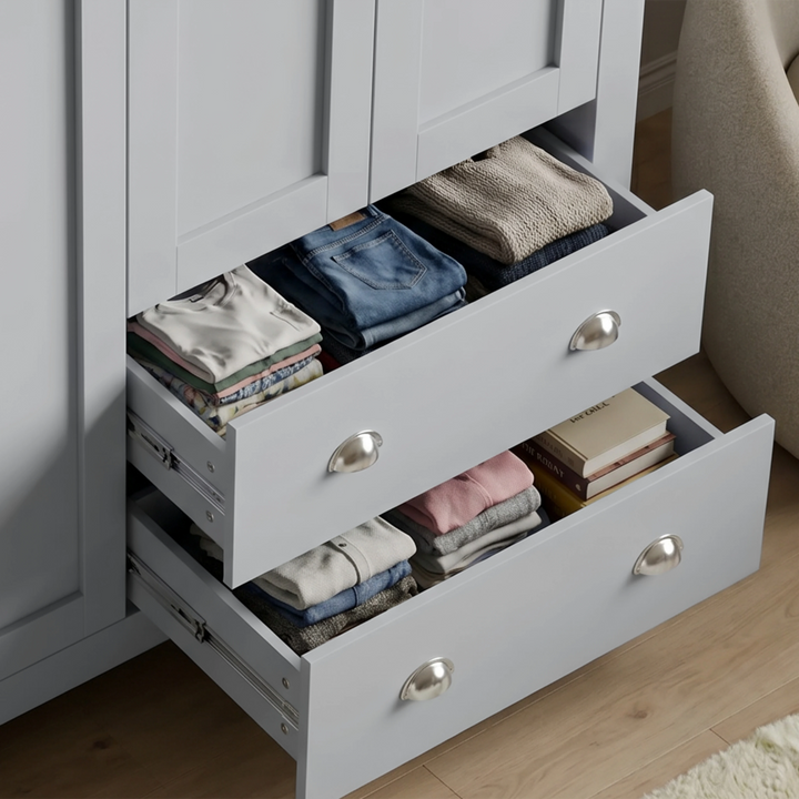 [Grey] Shaker Triple Wardrobe With Drawers And Shelves with two bottom drawers pulled open displaying clothing.