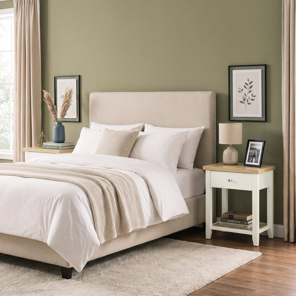 [White] Wide bedroom scene showing the bedside table next to a bed with books on the lower shelf