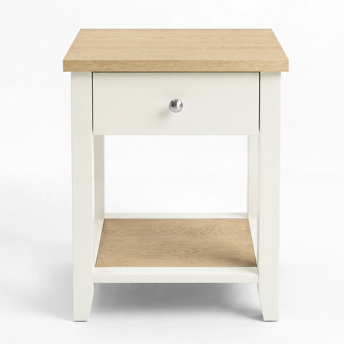 [White] Front view showing the bedside table with centered drawer, open lower shelf and oak-effect top