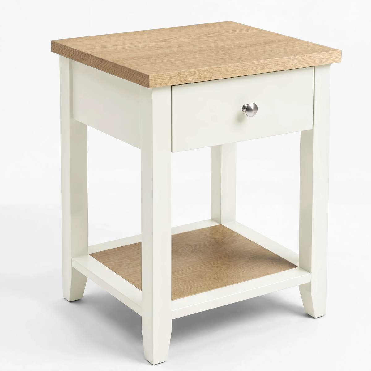 [White] Angled high view showing the bedside table with oak-effect top, drawer, open shelf and metal knob