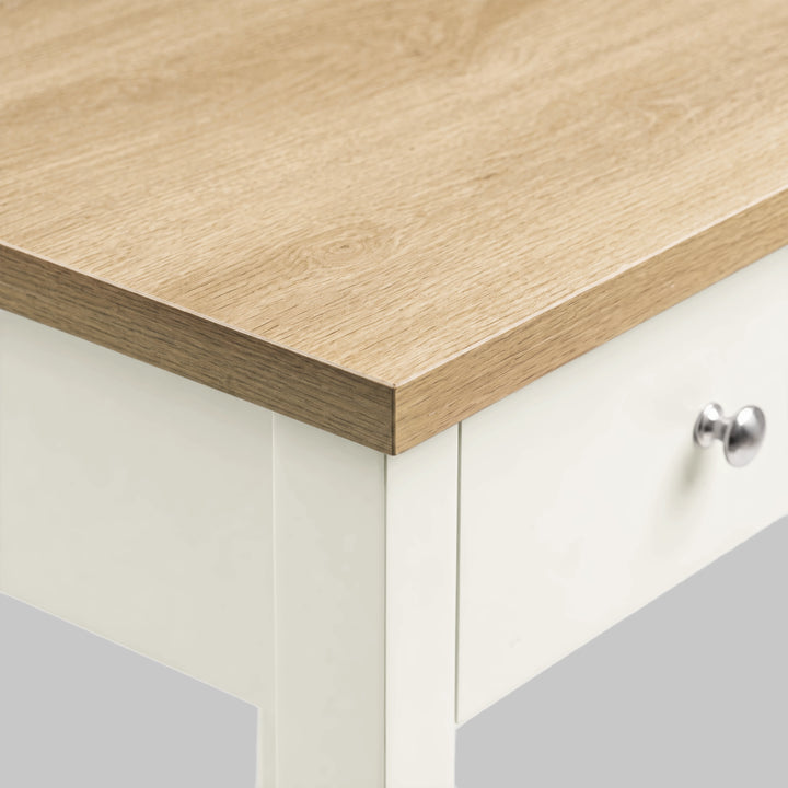 [White] Close-up of the oak-effect top edge, drawer front and round metal knob