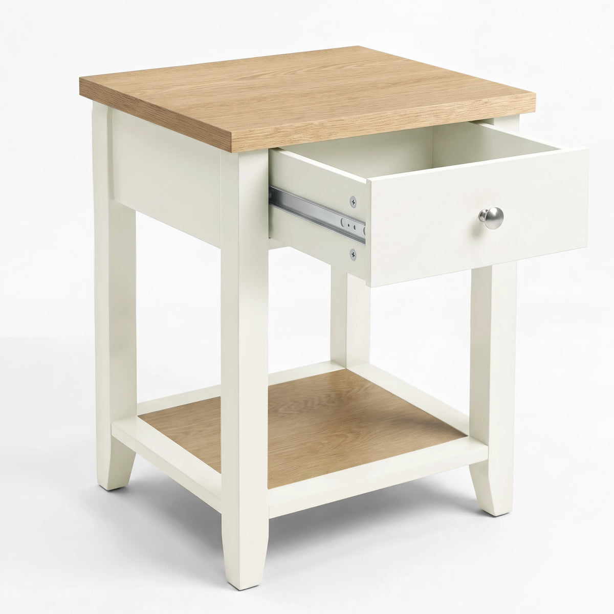 [White] Angled view with the pull-out drawer open and metal runners visible