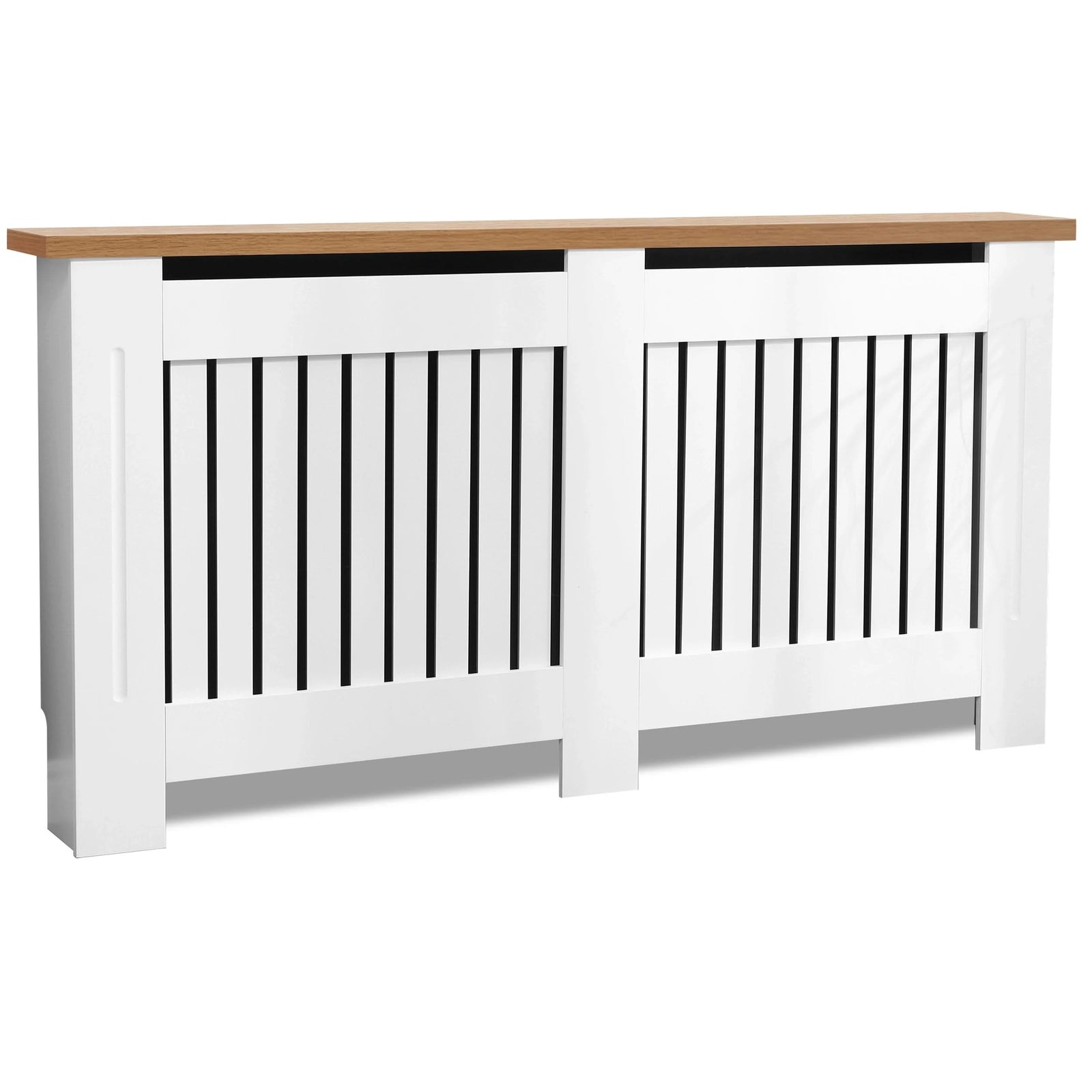 [Extra Large | White] Freestanding white radiator cover with oak top and vertical slatted front, suitable for concealing radiators in home interiors.