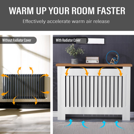 Medium slim radiator covers in white with oak top shown in hallway, enabling airflow while hiding the radiator.
