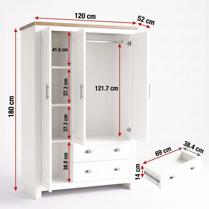 [White] Dimensional diagram of the Shaker White Triple Wardrobe showing internal shelf heights, hanging space, and drawer sizes.