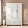 [White] Front view of the Shaker White Triple Wardrobe with Drawers and Shelves showing silver cup handles and bar pulls.