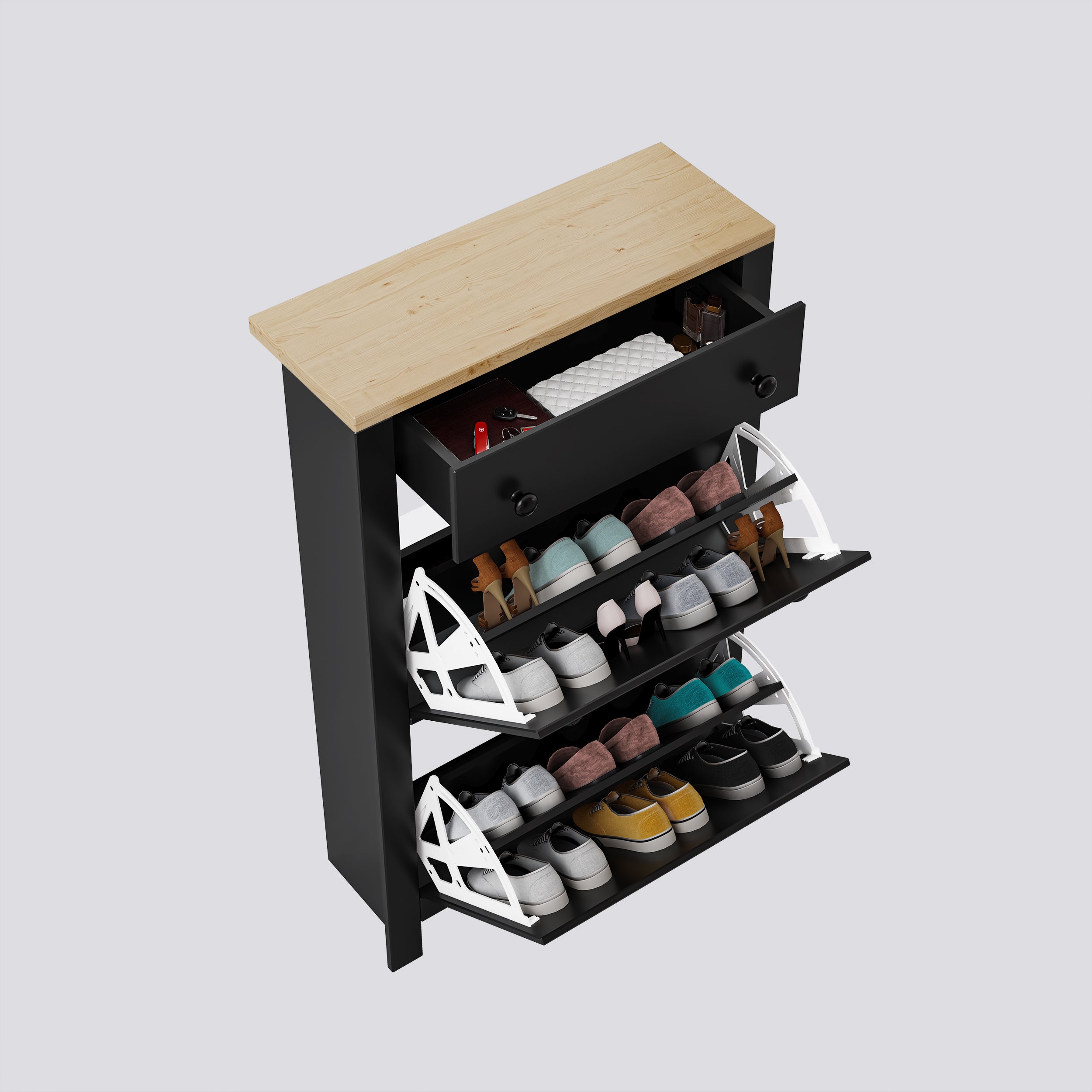 shoe Cabinet with drawer and oak top, featuring multiple compartments for organized storage.