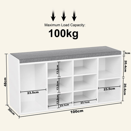 Hallway shoe storage bench with cushion and adjustable shelves, 100cm wide, 48cm high, supports up to 100kg.
