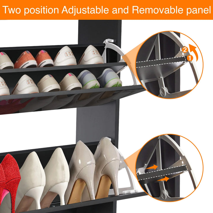 [Black] Adjustable divider feature shown inside the slimline shoe cabinet labelled as a footwear cupboard for tall shoes and wellies.