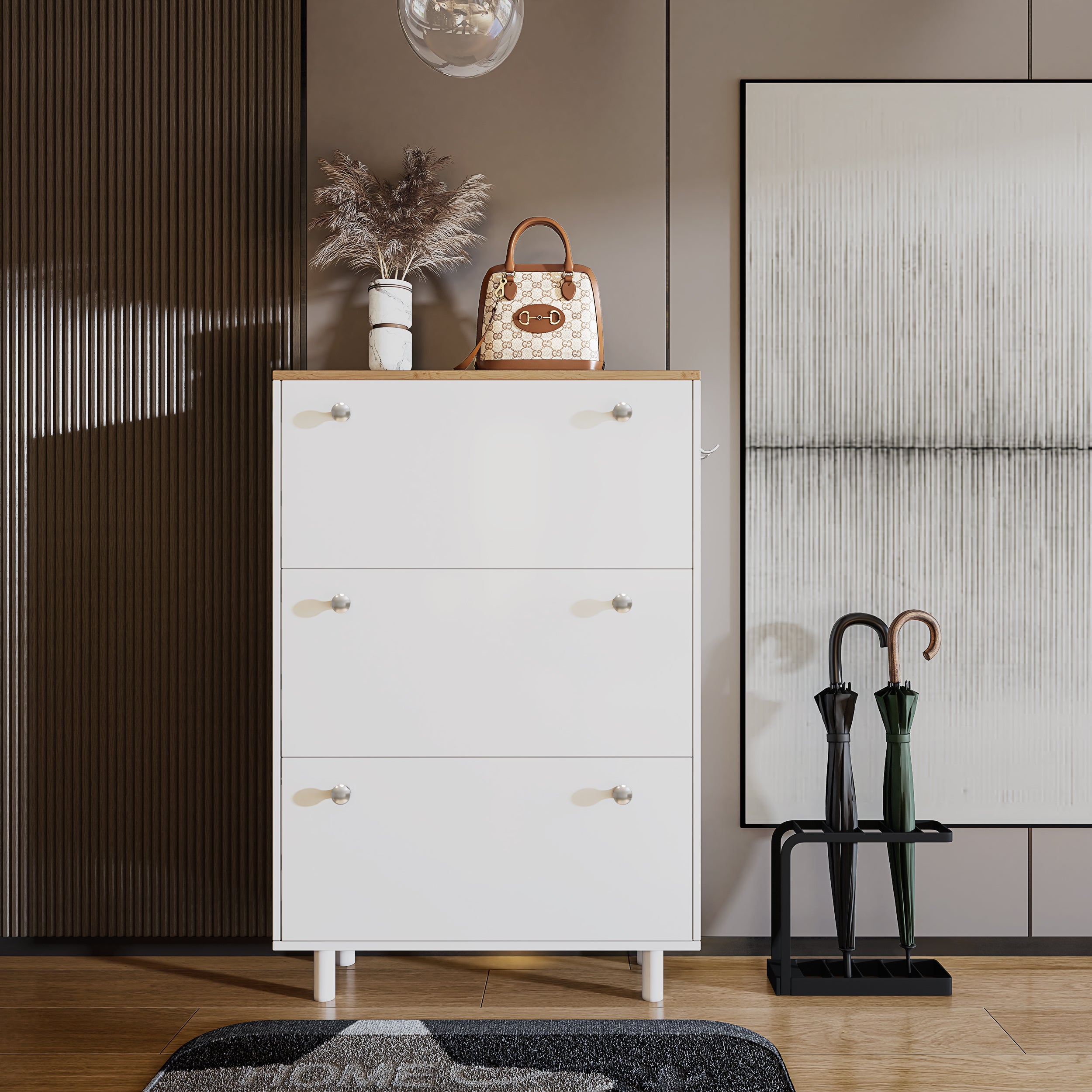 Sleek shoe cabinet for hallway with flip-up compartments for easy shoe storage."