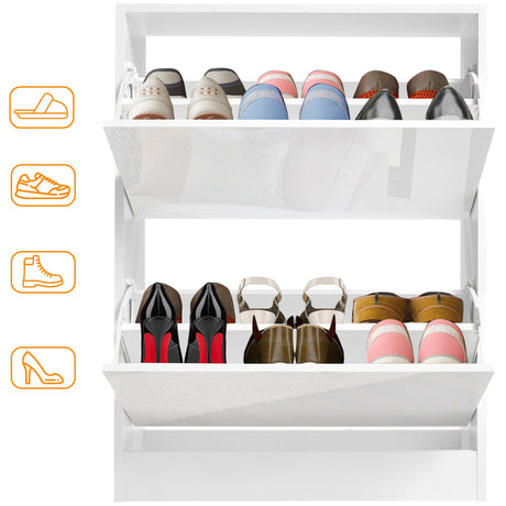 White shoe cabinet storage with multiple compartments for various shoe types