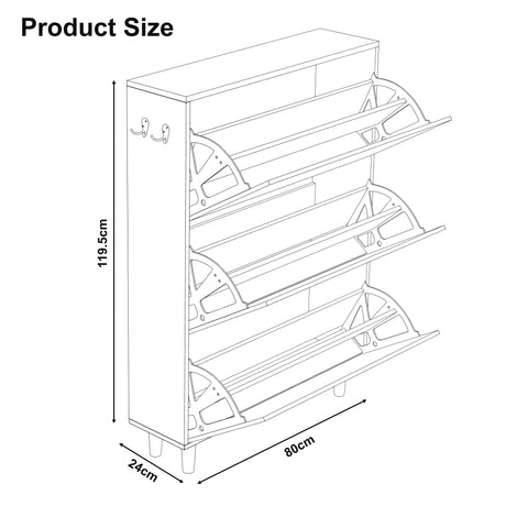 Dimension diagram of tall shoe cabinet in white oak top: width 80 cm, depth 24 cm, and height 119.5 cm.