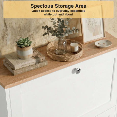 White entryway shaker shoe organiser oak top surface with three drawers and decorative styling setup