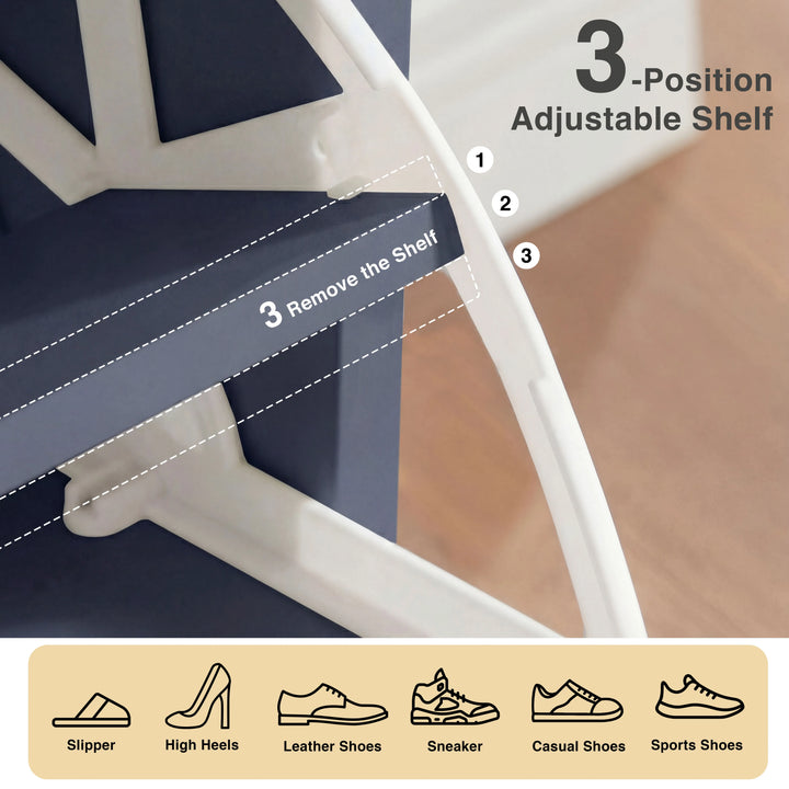 [Blue] 3-position adjustable shelf diagram inside blue shoe storage unit fitting slippers, heels and trainers