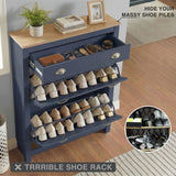 [Blue] Blue shoe cabinet with top drawer and both flip-down doors open exposing two rows of footwear