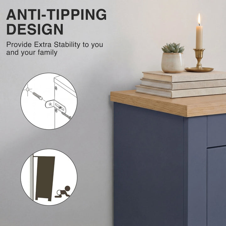 [Blue] Anti-tipping wall-anchor bracket and strap diagram on blue shoe cabinet with oak-effect top corner