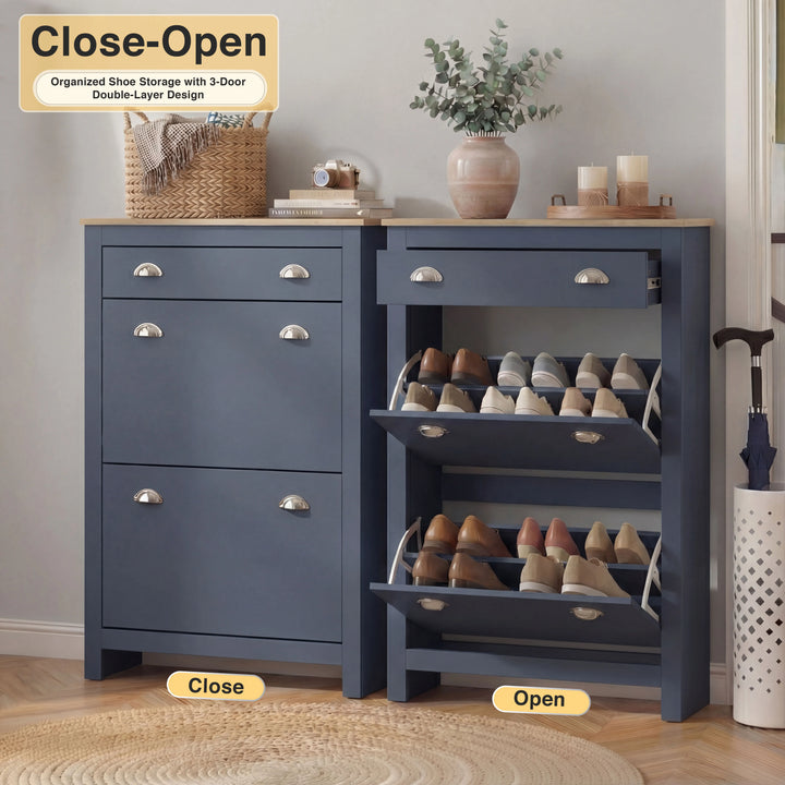 [Blue] Side by side demo of 2 door slim shoe storage unit in blue, closed left and fully open right