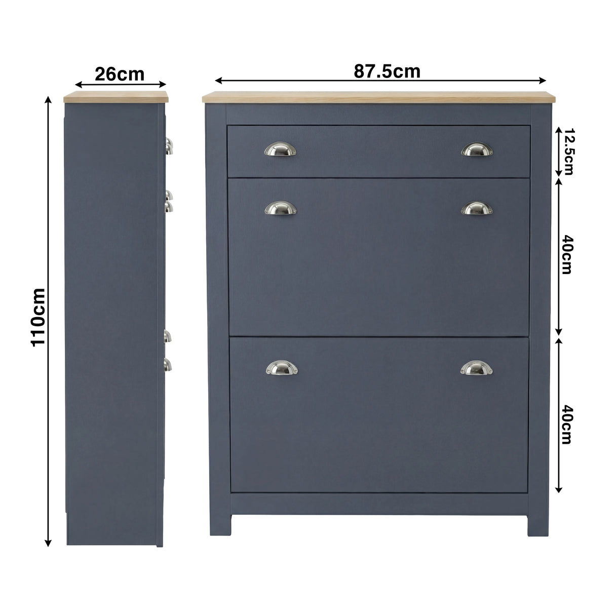 [Blue] Size schematic for 2 door slim shoe storage unit in blue, 87.5 x 26 x 110cm overall