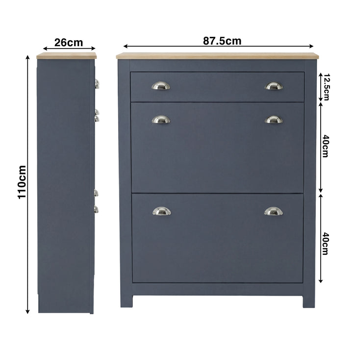 [Blue] Size schematic for 2 door slim shoe storage unit in blue, 87.5 x 26 x 110cm overall