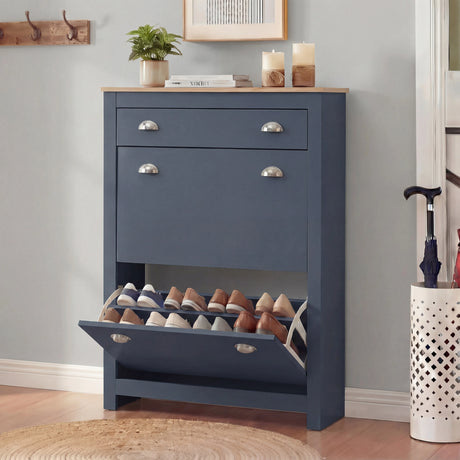[Blue] Navy blue slim hallway shoe cabinet with bottom flip-down door open showing two rows of shoes