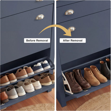 [Blue] Shelf-removal demo on blue shoe cabinet swapping flat-shoe rows for upright leather and ankle boots