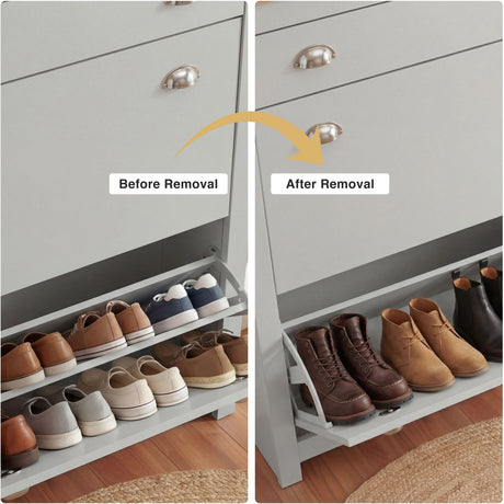 [Grey] Before and after of grey shoe compartment, flat shoes on rack then tall brown boots without shelf