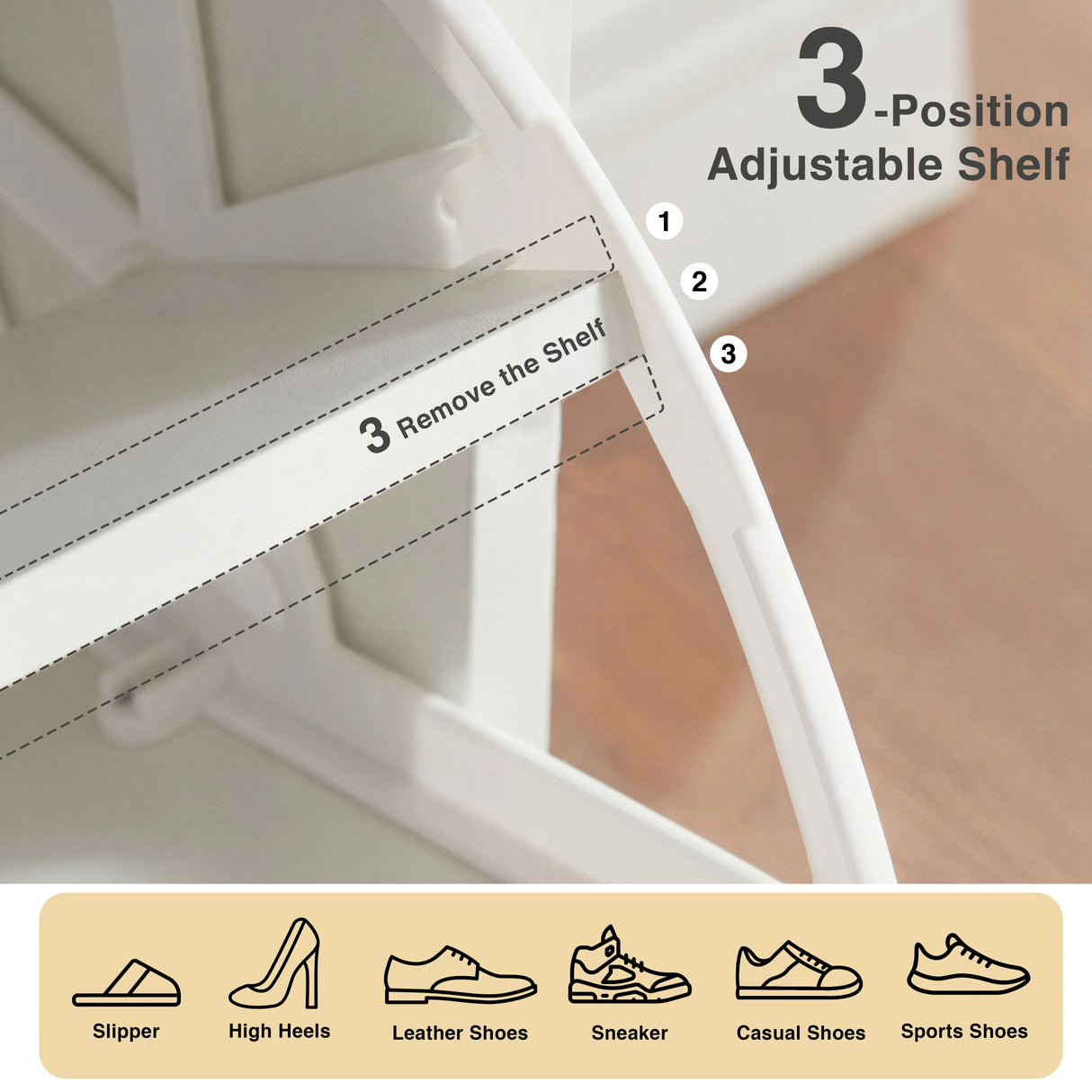 [White] Interior of white shoe cabinet flip-down with three shelf positions plus remove option for taller shoes