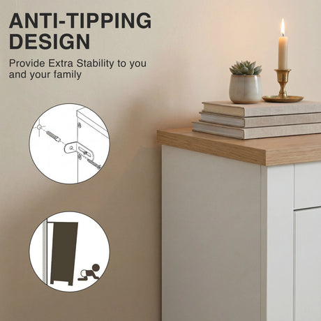 [White] White slim shoe storage unit safety detail showing screw bracket and child-safety wall strap