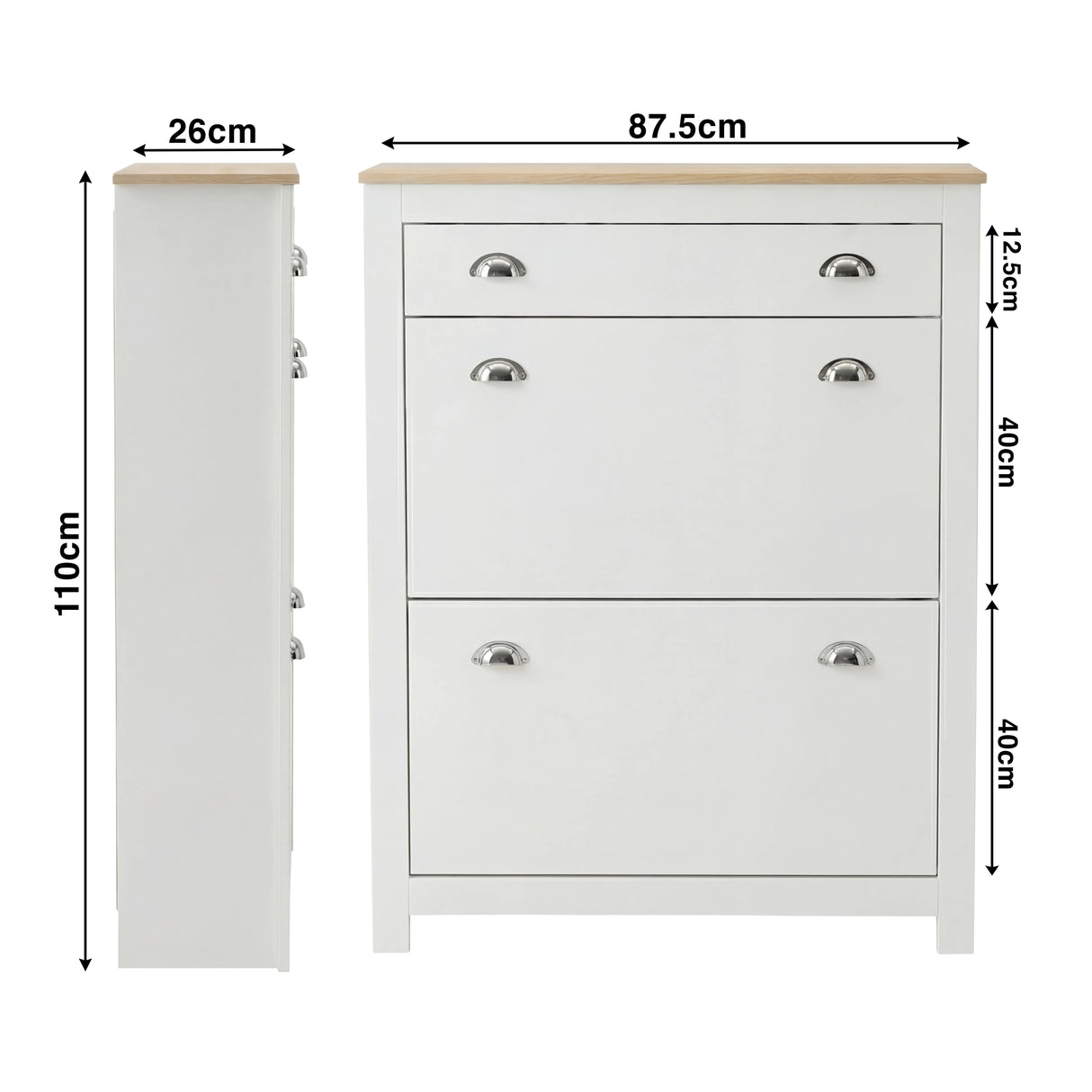 [White] Size schematic for 2 door slim shoe storage unit showing 87.5 x 26 x 110cm overall measurements