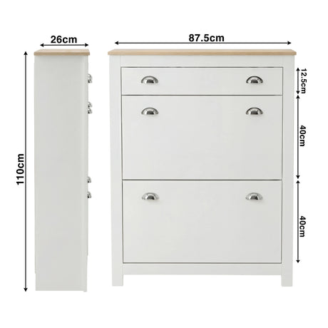 [White] Size schematic for 2 door slim shoe storage unit showing 87.5 x 26 x 110cm overall measurements