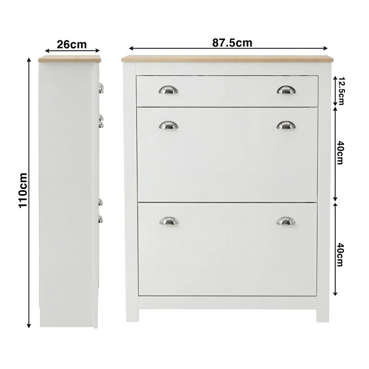 [White] Size schematic for 2 door slim shoe storage unit showing 87.5 x 26 x 110cm overall measurements