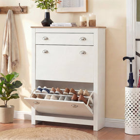 [White] Slim hallway shoe cabinet in white with bottom flip-down door open exposing two rows of shoes on angled racks