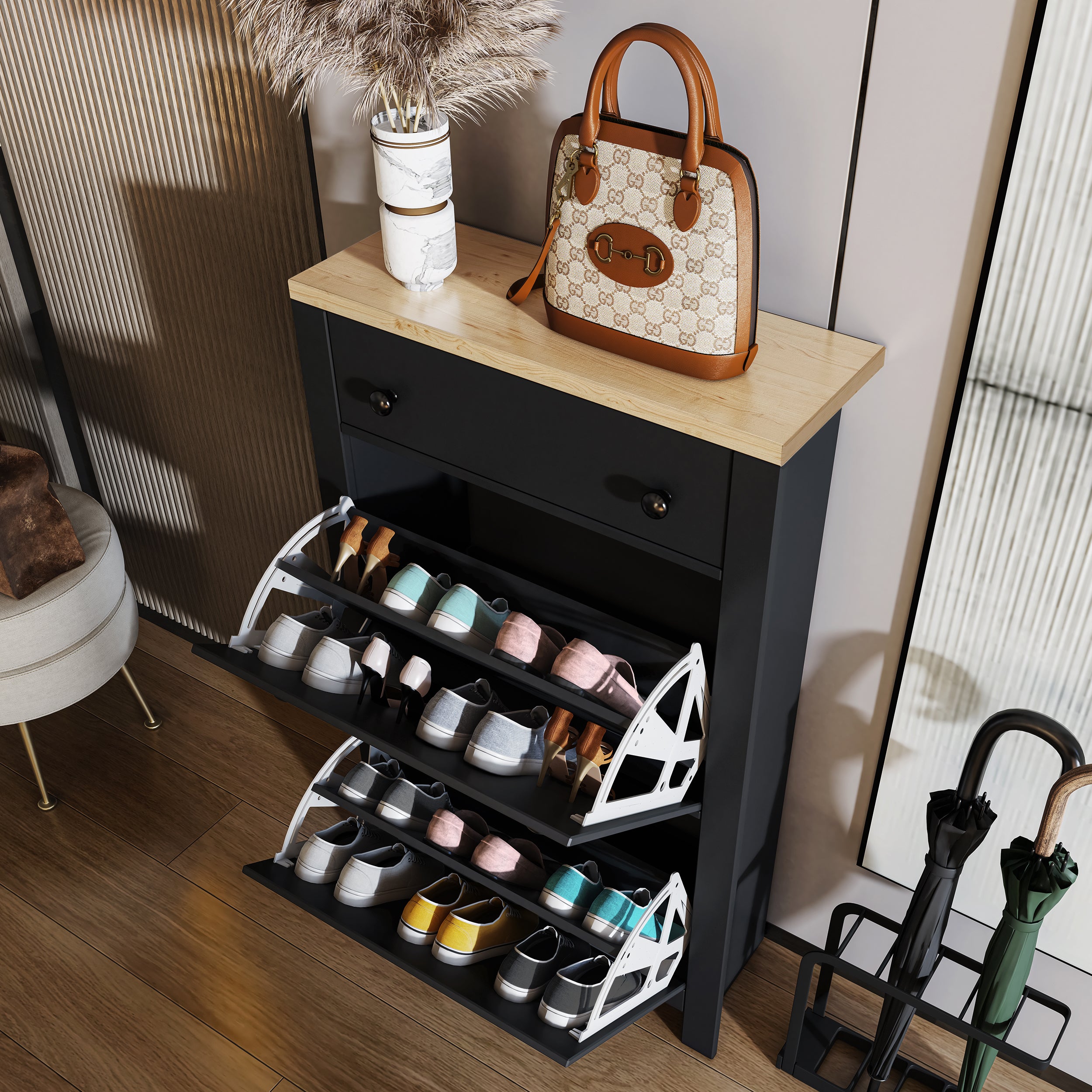 shoe cabinet with drawer Black and multiple flip-up compartments for organized shoe storage.