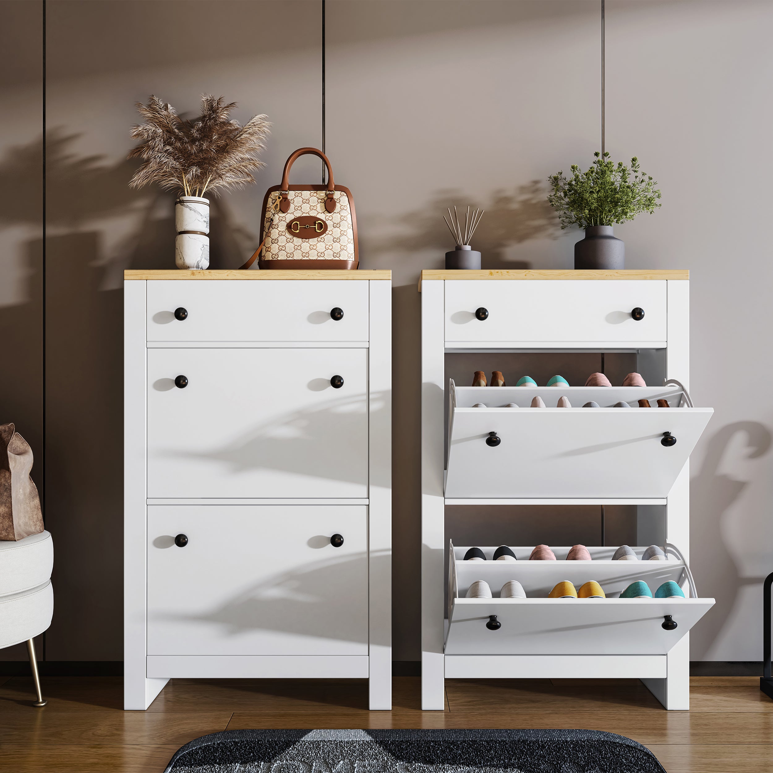 White shoe cabinet with drawer and flip-up compartments for organized footwear storage