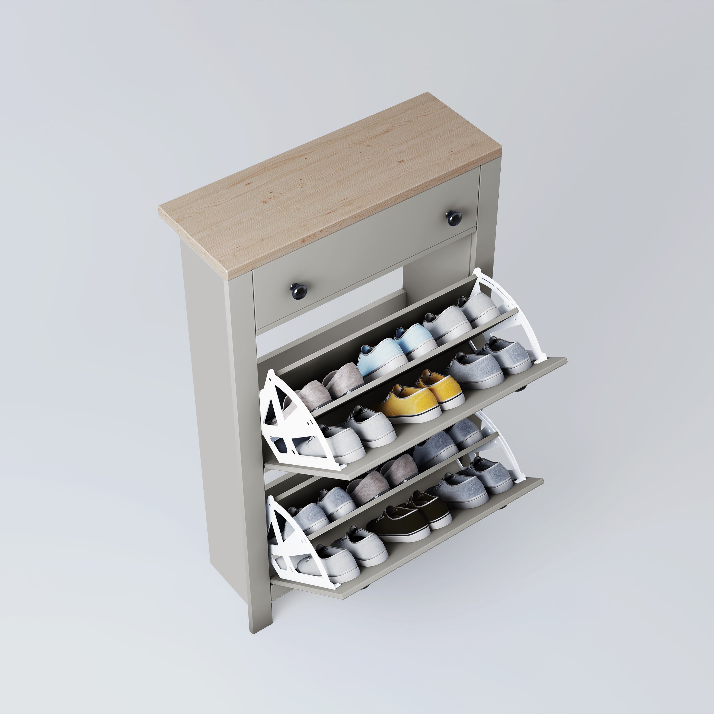 shoe cabinet with drawers uk and flip-up compartments for organized shoe storage.